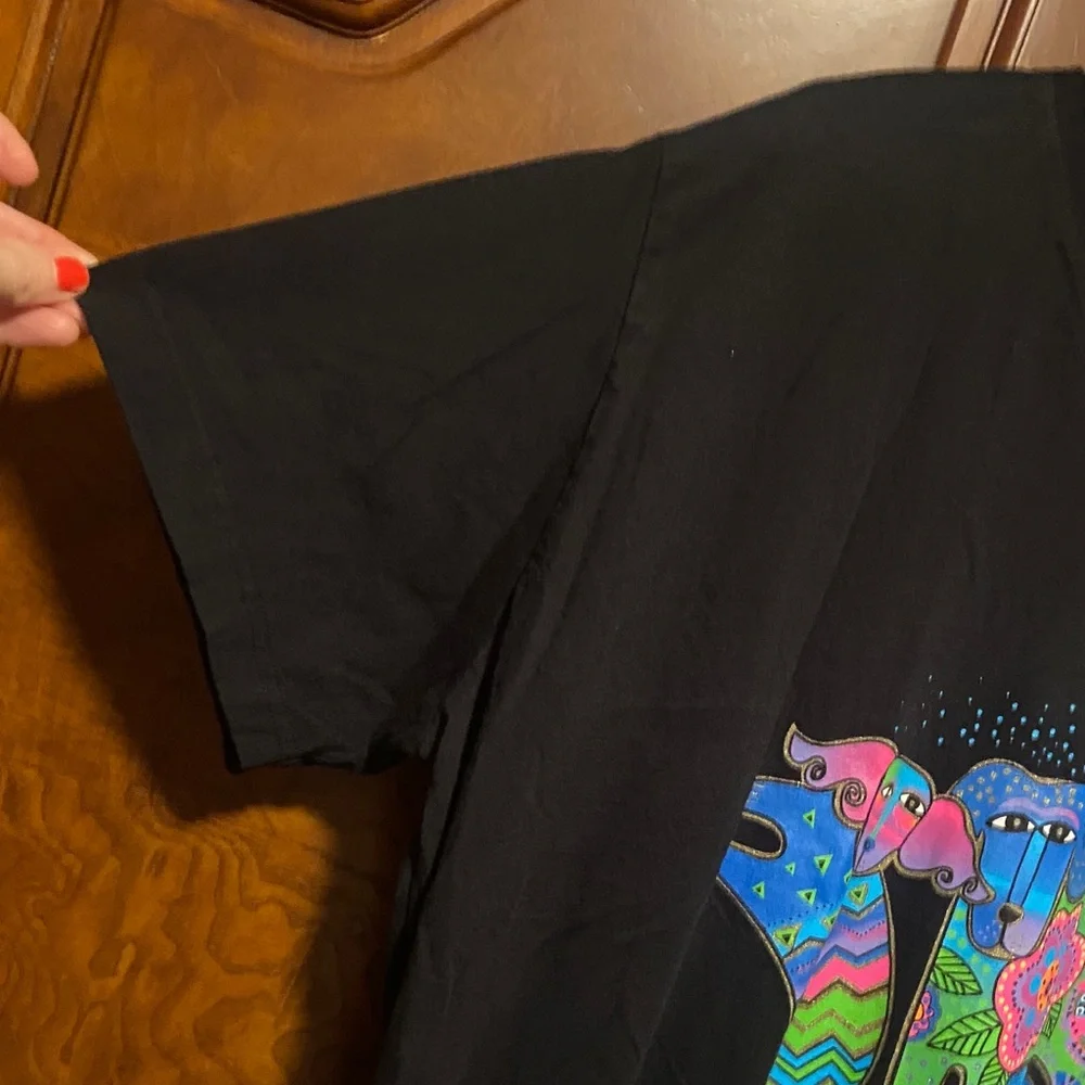Laurel Burch Designer Black Long Tee with Dancing Doggies Design Size L/XL